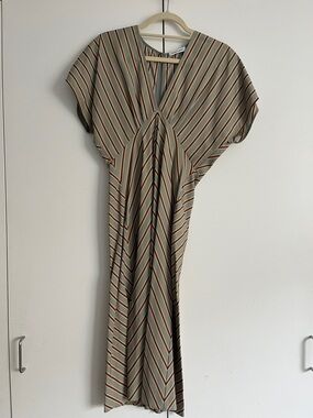 Veronica Beard Striped V-Neck Maxi Dress in Olive, Rust and Cream